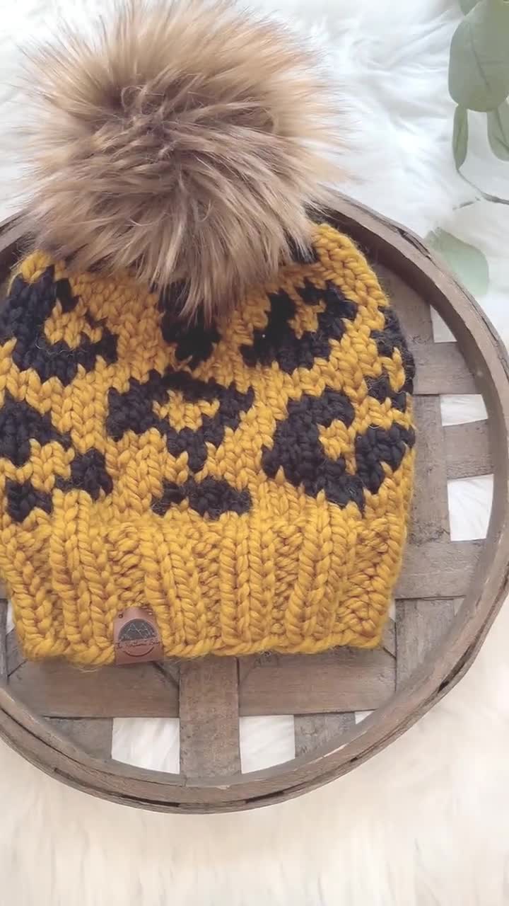 Women's Winter Satin Lined Beanie With Faux Fur Pom | Leopard Print Cuffed Knit Hat - View #10