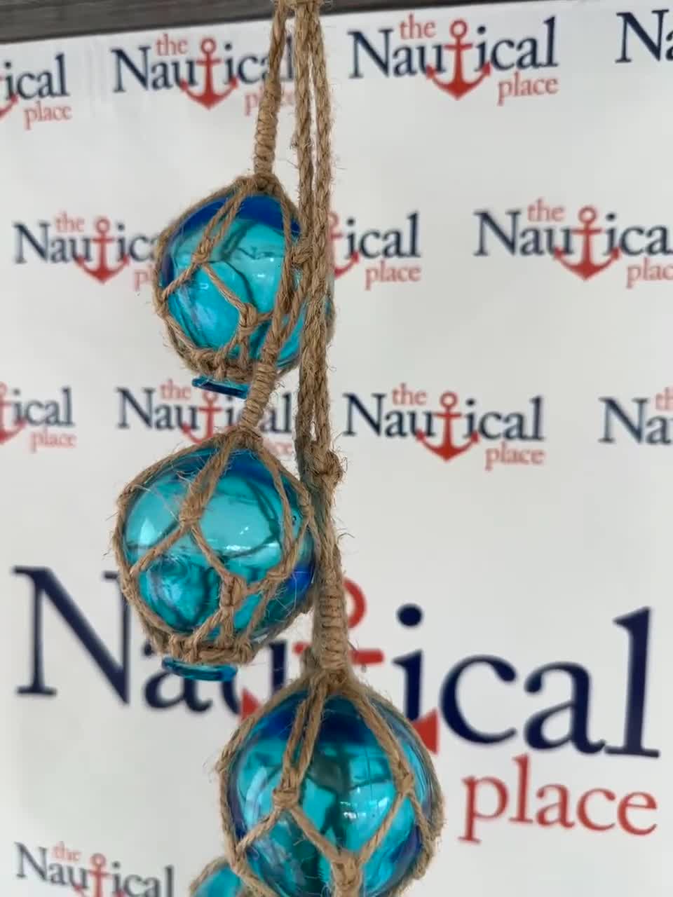 5 2 Aqua Glass Fishing Floats on Rope Nautical Fish Net Buoy Light Blue  Ball, Teal, Turquoise W/ Rope Netting Beach Decor 