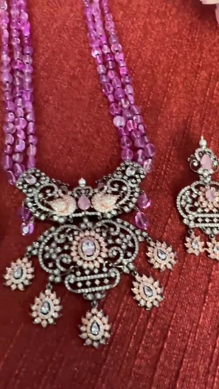 Victorian Polish With Rose Gold Finish /32 Inches Long Haram Matching  Earrings /lavender Pink With CZ Stone 3lines Each Sid /indian Jewelry. 