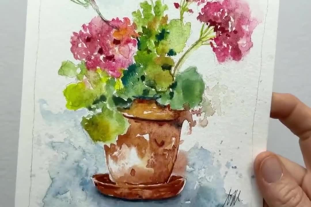 ピンクのゼラニウムの花の絵画、庭からのピンクの夏の花のオリジナルの