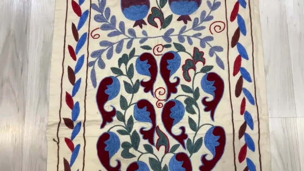 Handmade Silk Suzani Table Runner: Pomegranate Embroidery (50 X