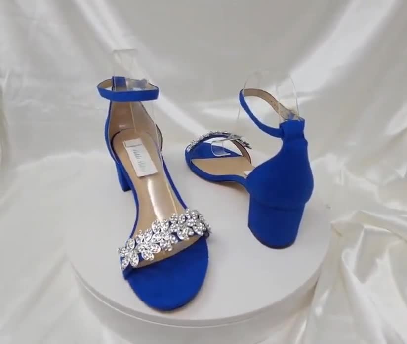 Buy Chunky Heels Blue Bridal Sandals Crystal Flower Design Blue