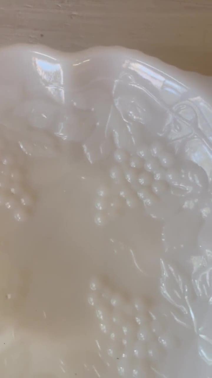 Vintage Anchor Hocking Milk Glass Bowl: Grape Pattern with Gold Trim video poster