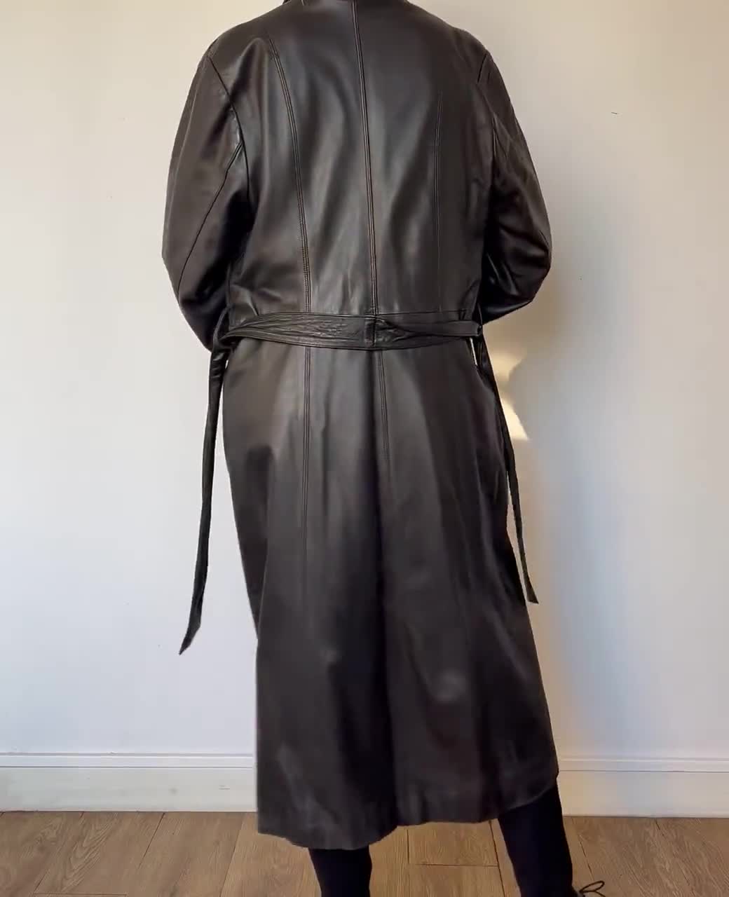 Vintage 90s Dark Brown Leather Trench Coat - Fitted Long Jacket