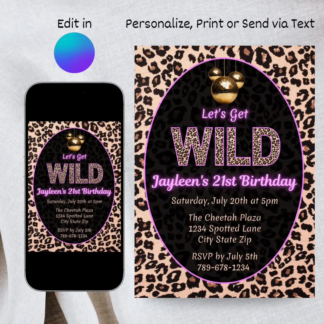Cheetah Print Birthday Invitation | Let's Get Wild Invite | 21st
