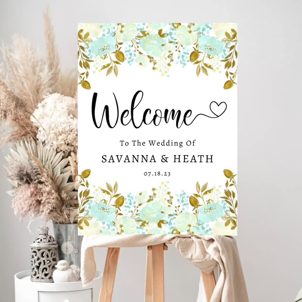 Beautiful Watercolor mint flowers frame. Mint gold wedding invites