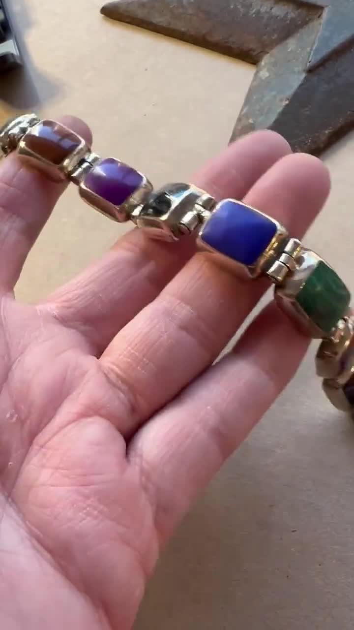 Sterling Silver Mexican Multi-stone Panel Bracelet – 8” – 50.1g