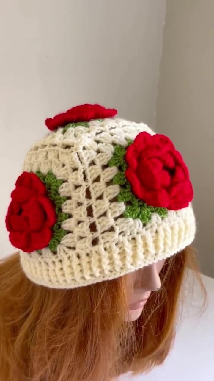 帽子 FETICO HAND-KNITTED ROSE BEANIE Crochet Rose Beanie: Handmade Granny Square Flower Hat Handmade