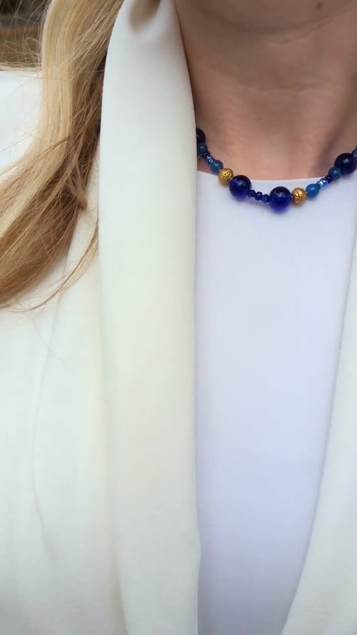 Collier Pierres Bleues, Onyx, Verre Et Cristal - Occasion En Très Bon état