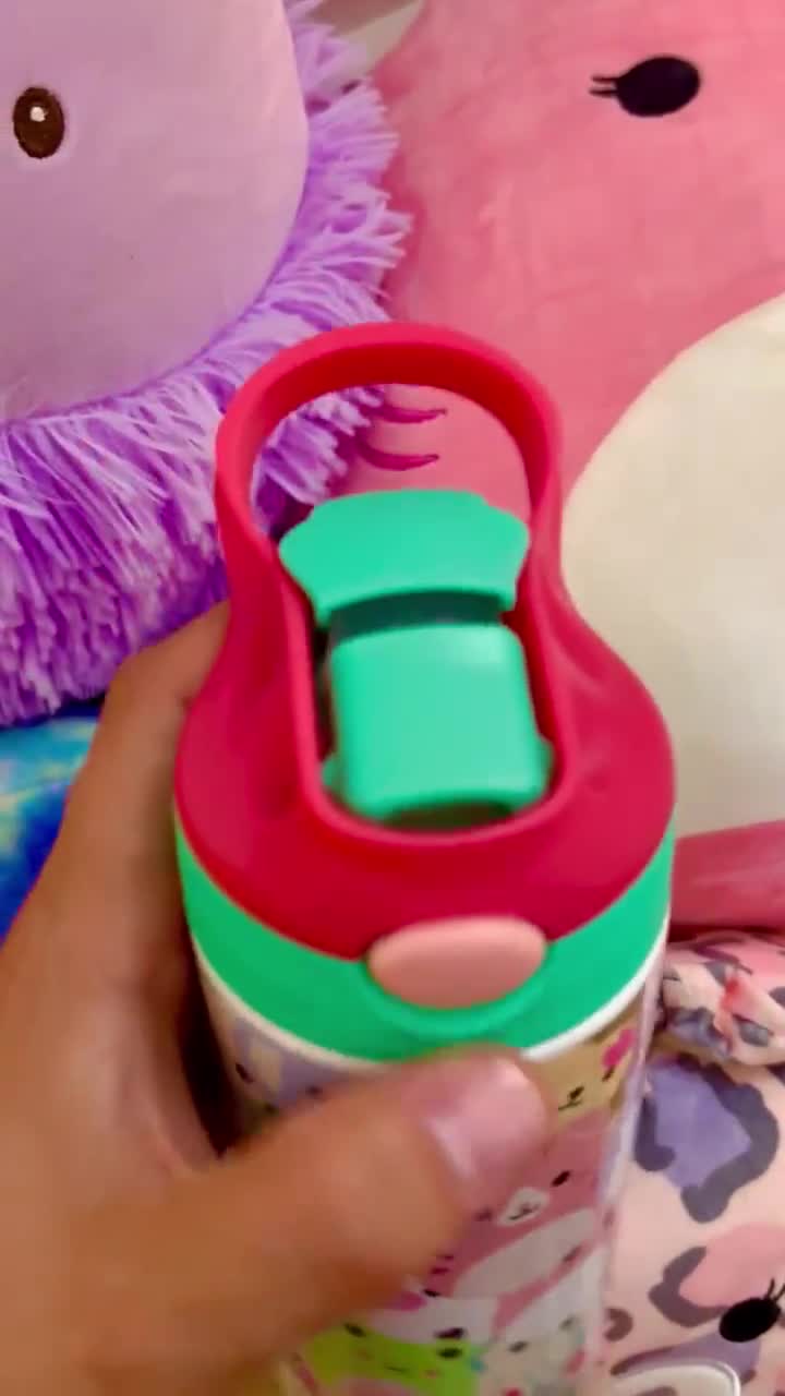 Botella de agua Squish personalizada de acero inoxidable de 355 ml, con aislamiento y antiderrames. Vaso personalizado para niños. video poster