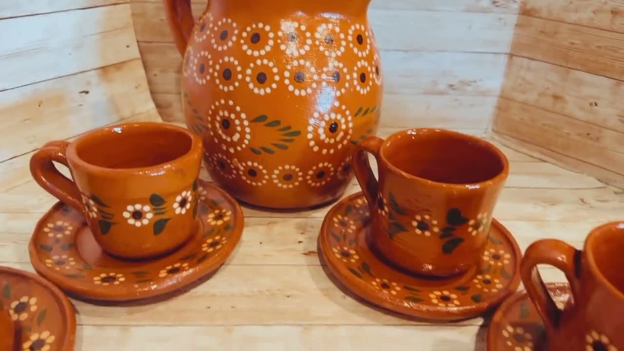 Terra Cotta Mexican Art Pottery Coffee Tea Pitcher Set With 4 Mugs