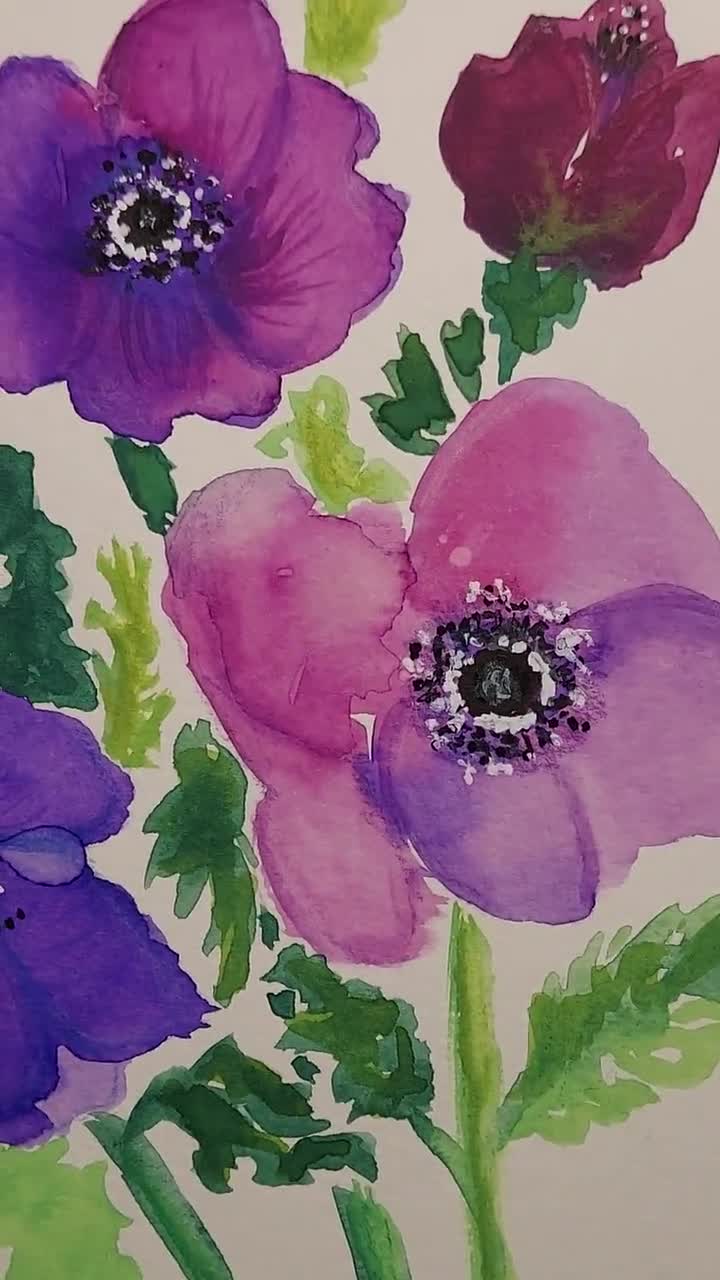 アネモネの水彩画 9x12、紫の植物の壁アート、手描きの