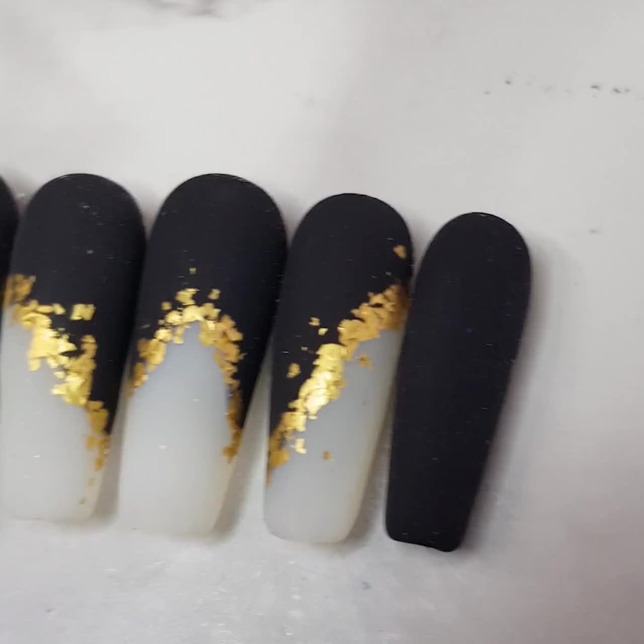 Black and Gold Flakes With Matt Finish Press on Nails. -  Israel