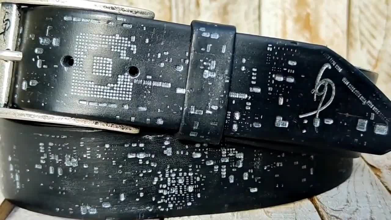 Unique Cyberpunk Black Leather Belt With Tech Print and