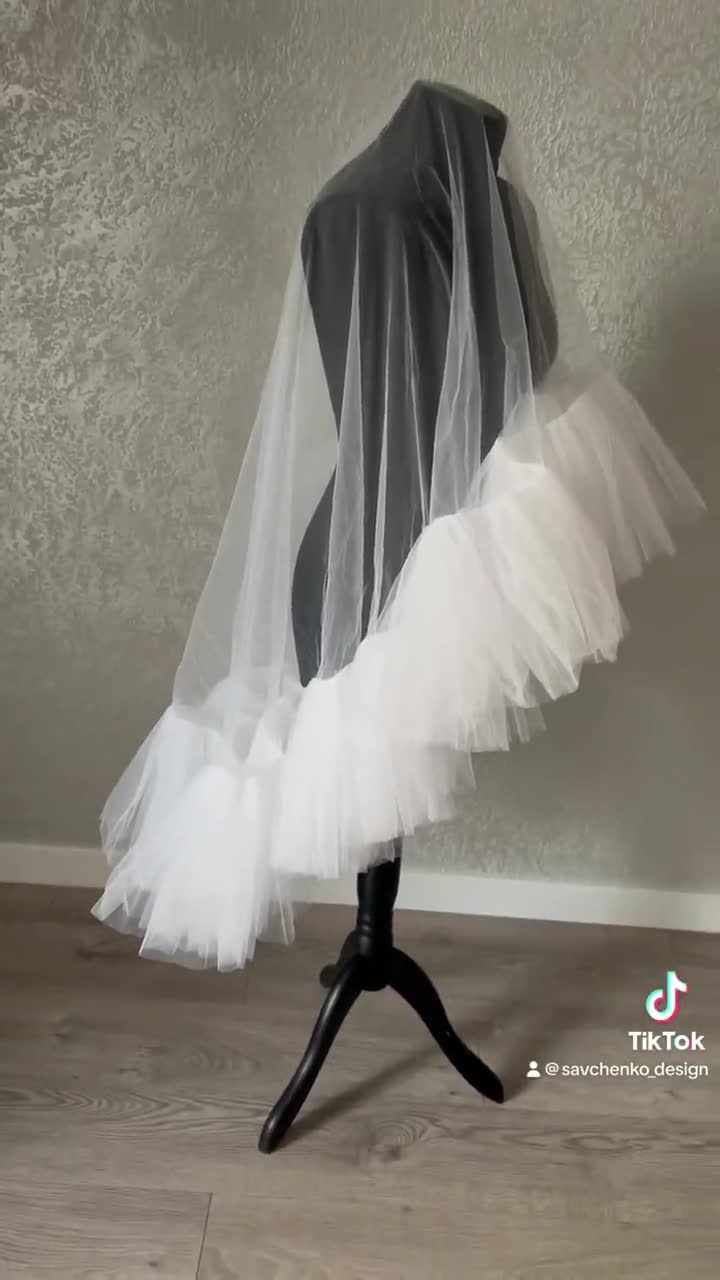 Frilled Ruffles Tulle Bridal Veil Two Layers Modern Custom Made