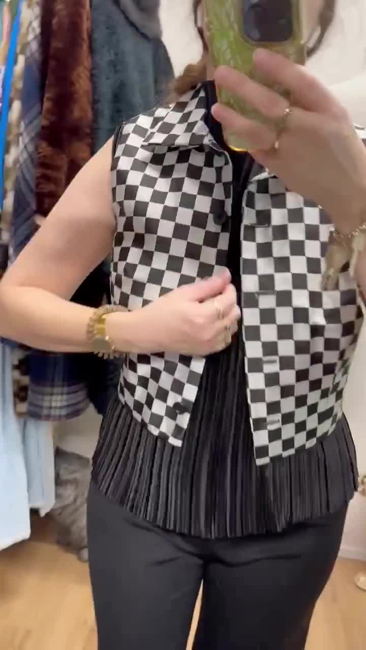 Vintage 90s 00s Y2k Black and White Checkerboard Print Silky