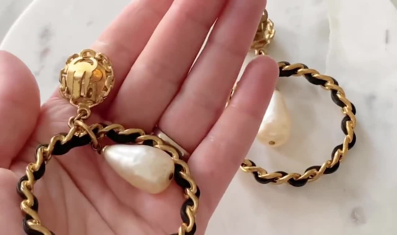Chanel CC Vintage RARE Leather Woven Chain Hoop and Pearl