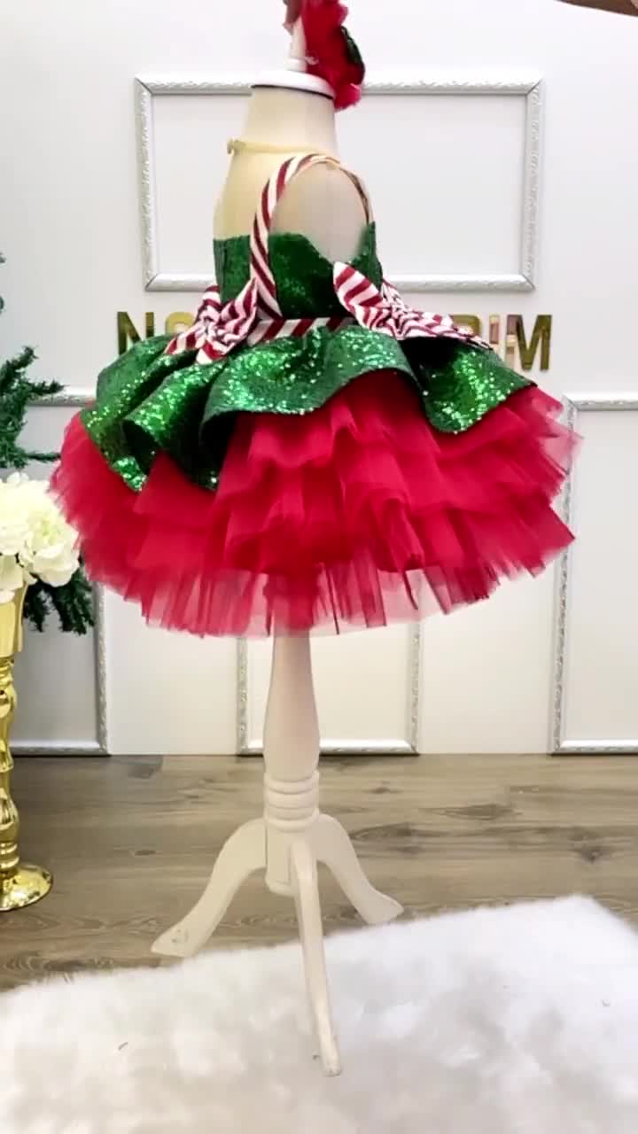 Christmas Sequin Baby Dress with Bow, Holiday Girl Dress, Hair Accessory Included