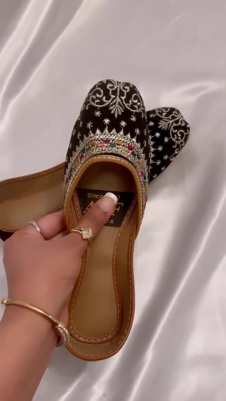 Brand new black soft velvety embroidered khussa detailed newest work Pakistani Indian juttis shoes kundan work