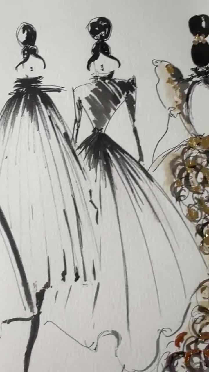 Original Fashion Illustration: Black and White Gala Sketch (12x22)