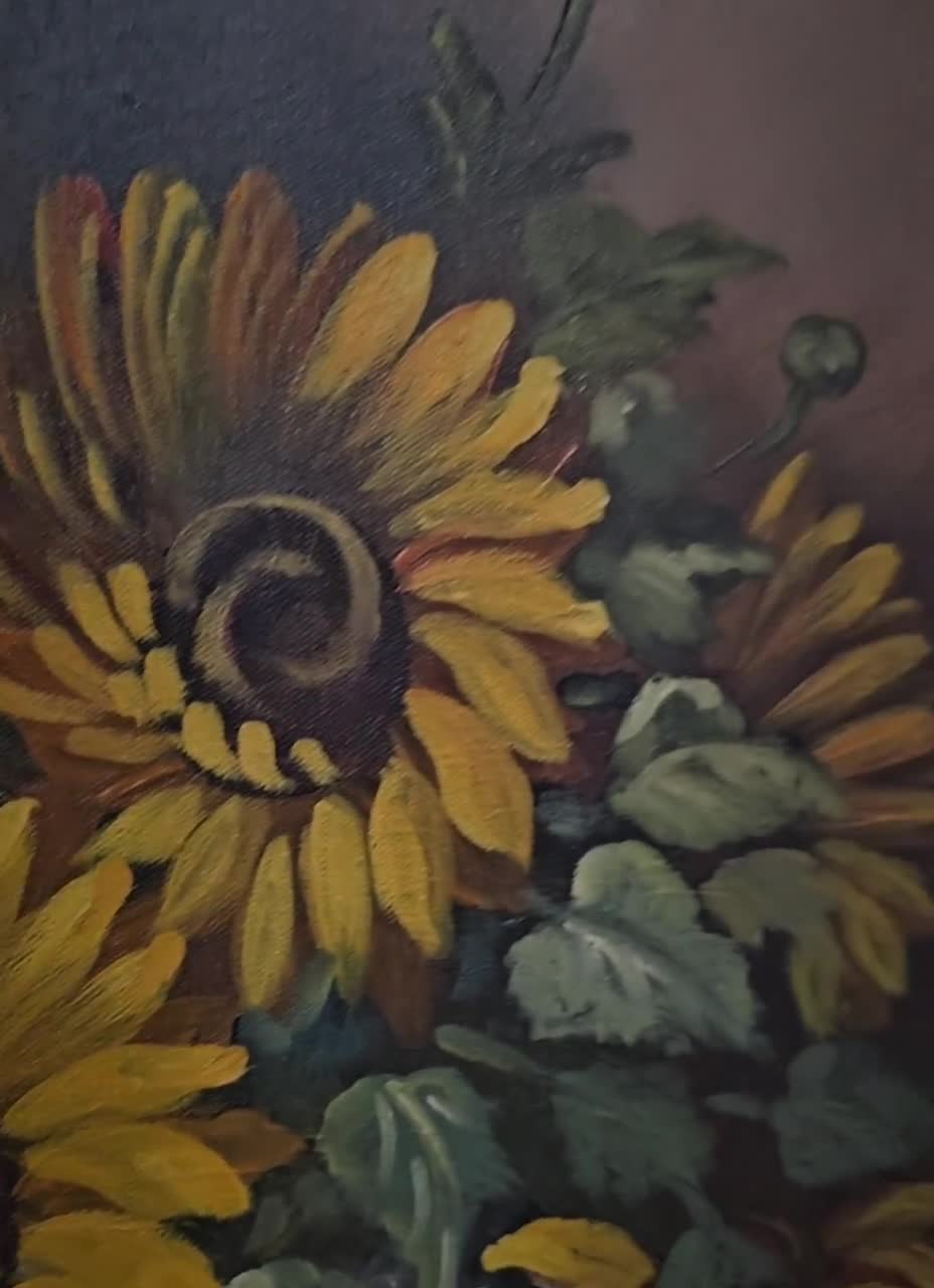 ヴィンテージひまわりの絵画、キャンバスに描かれたオリジナルの花の