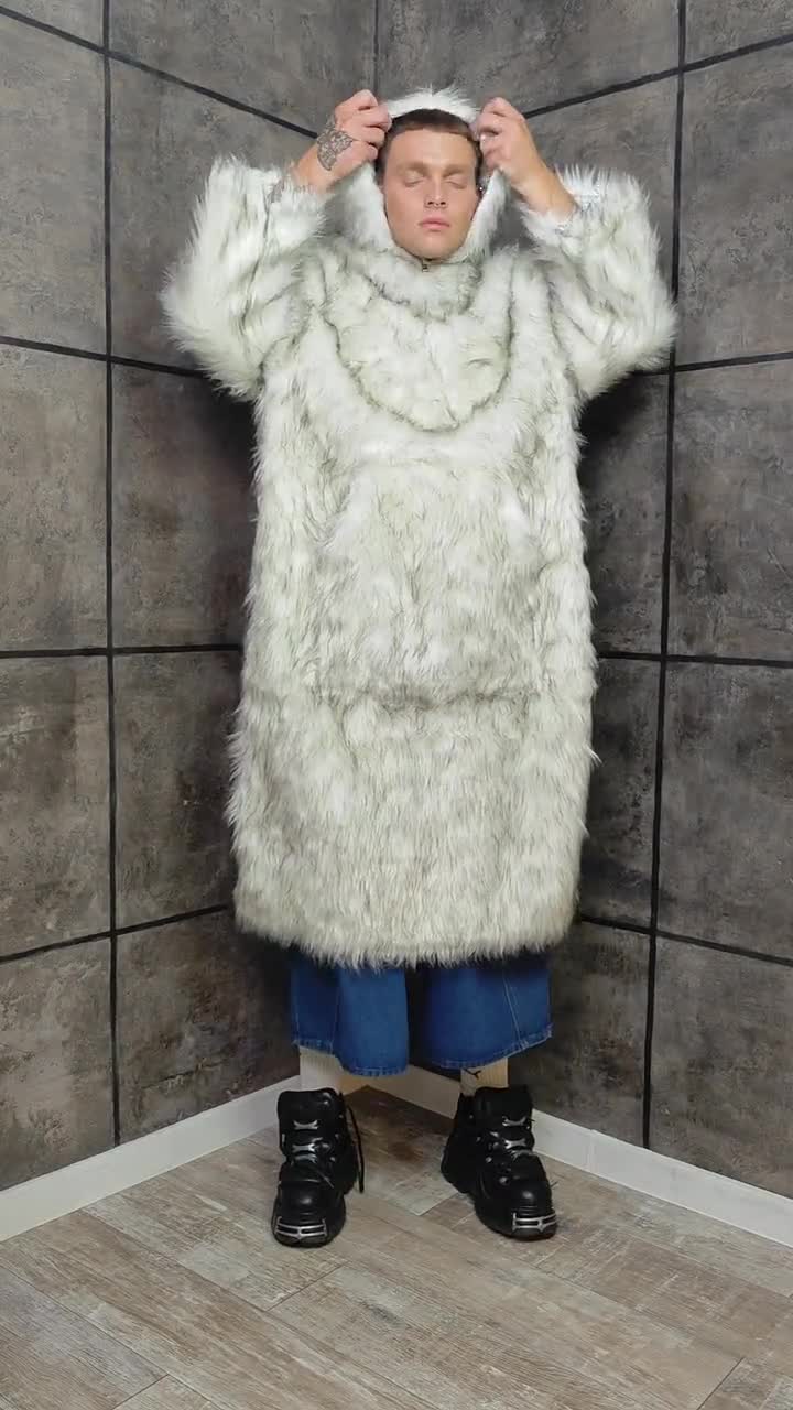 Faux Fur Anorak off White Extra Long Shaggy Yeti Parka Half-zip