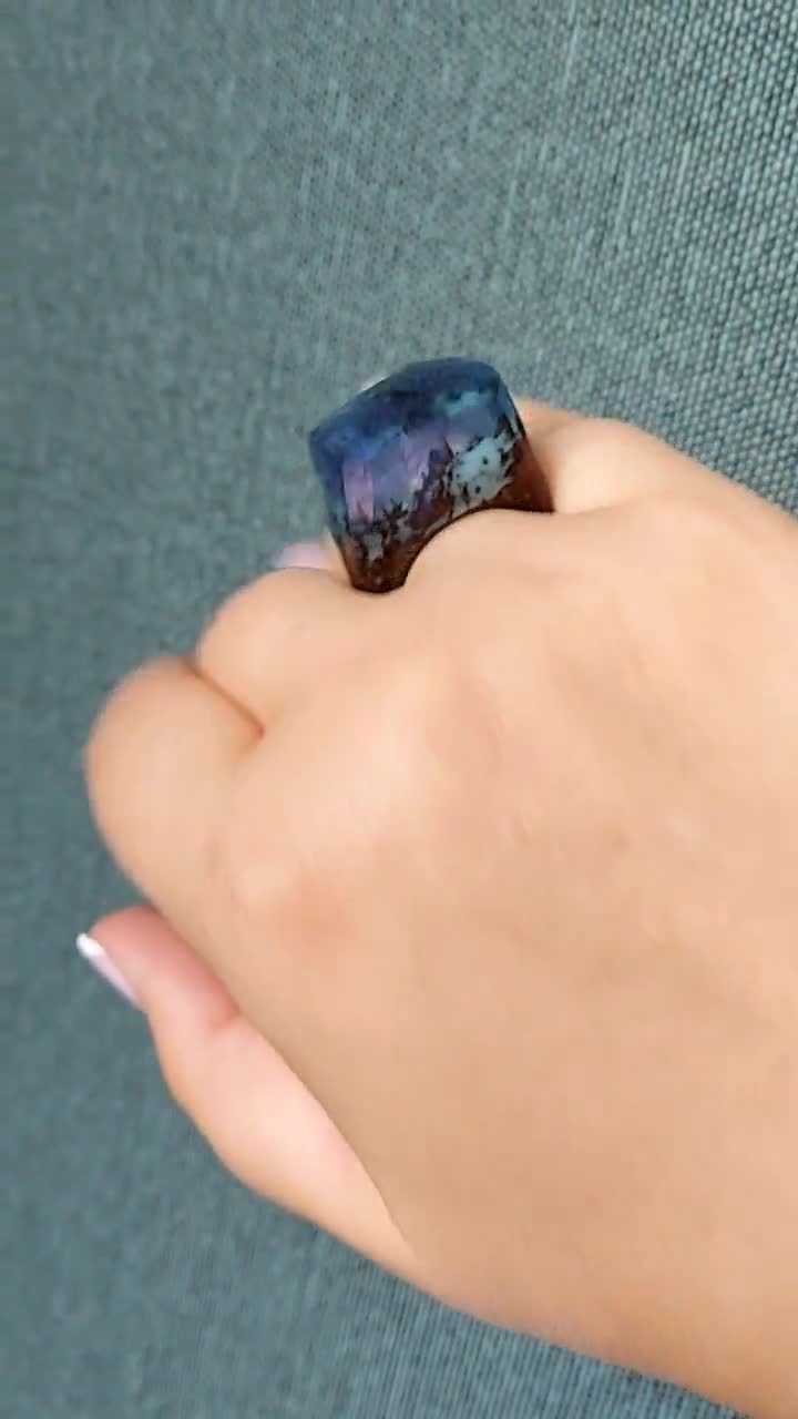 Wood Resin Ring Exotic Wood Ring With Magic Resin Top. Blue Resin