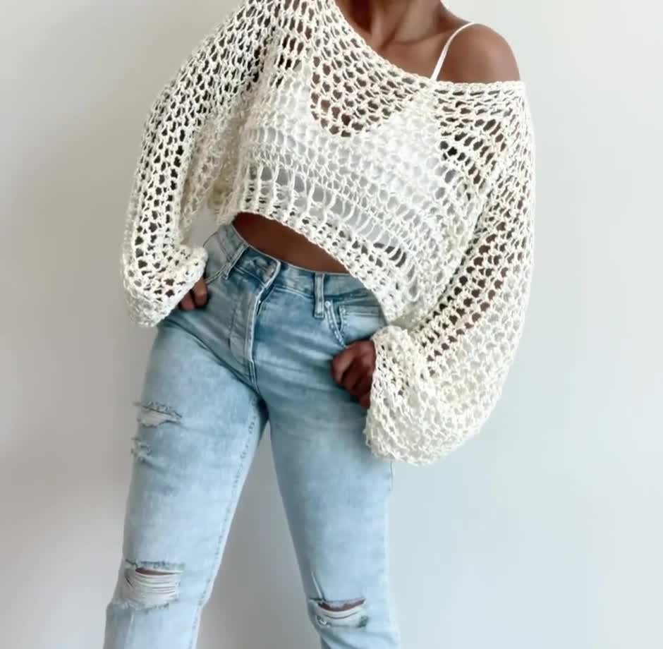 Cropped Crochet Knit Sweater Only Neutral Miss Me, 46% OFF