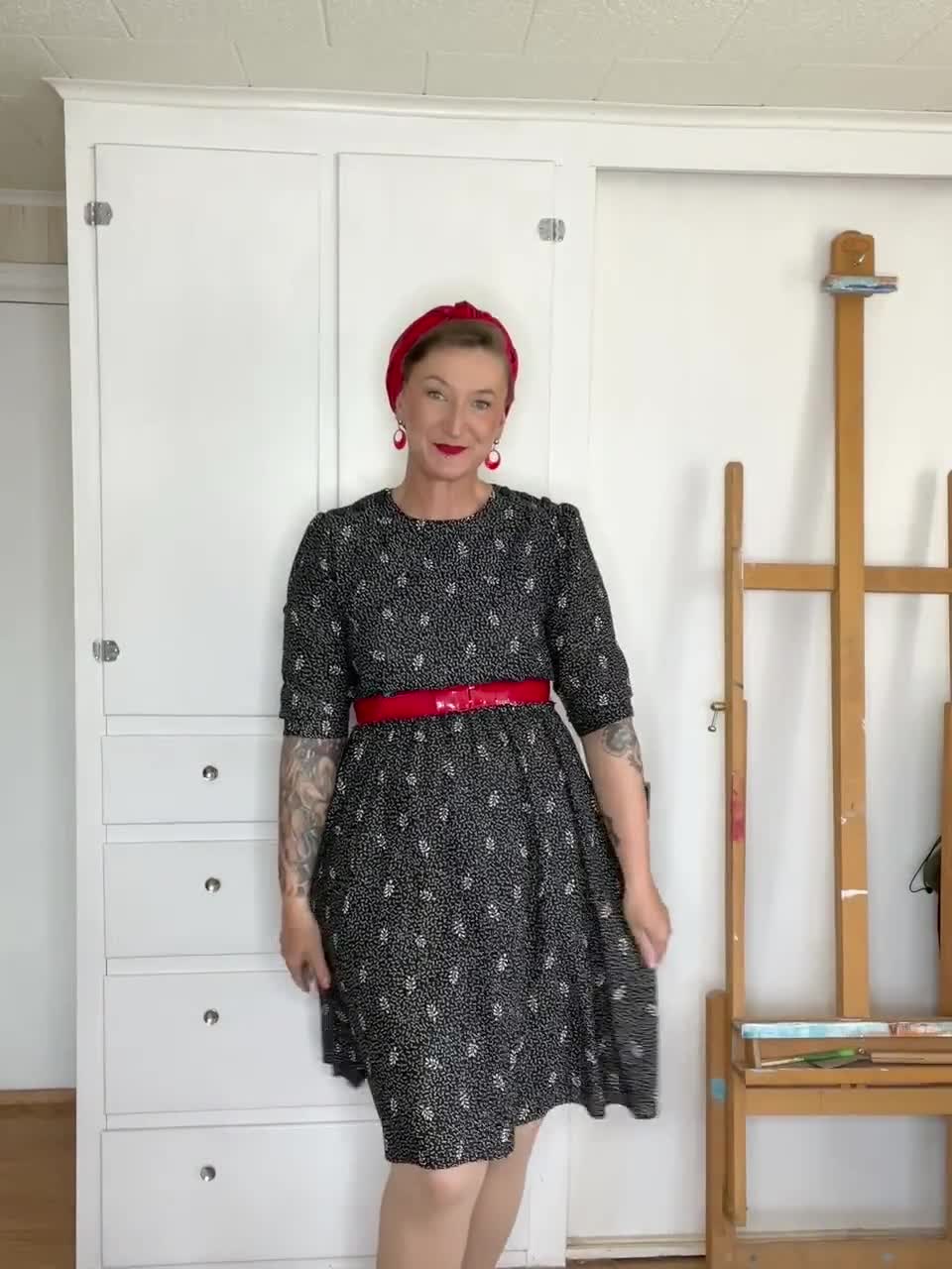 80s midi dress 80s Does 40s Black Midi Dress: Button Shoulder Puffy Sleeve
