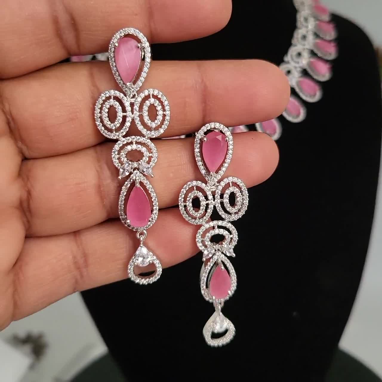 Pear shaped Pink Stone Silver American Diamond Necklace – Indian Designs