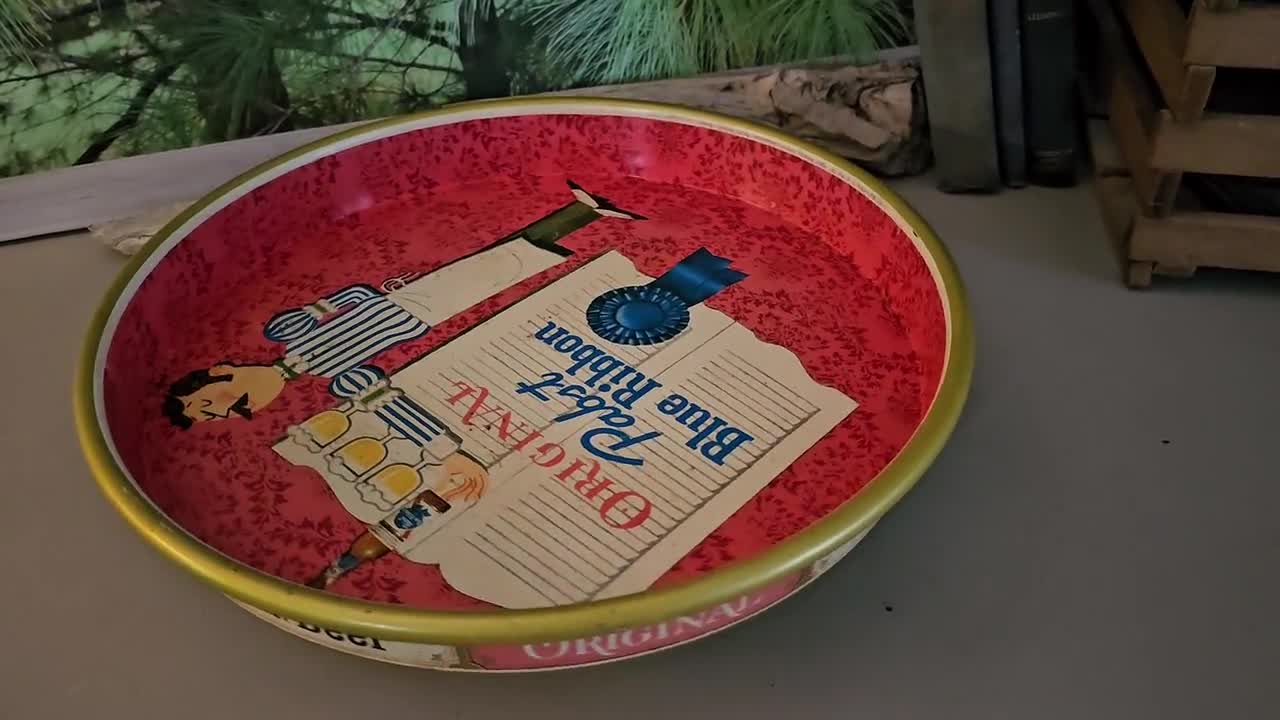 Vintage 1960s Pabst Blue Ribbon Metal Bar Tray, Man Holding Beer