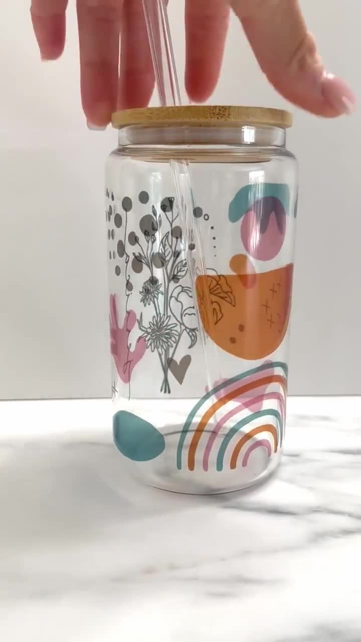 ModParty Wildflower Design Iced Coffee Glass Can Water Cup  Clear Beverage Tumbler Bamboo Lid Reusable Straw Light Glassware Flower  Design Holidy Boho Gift Idea Aesthetic Drinkware Bridesmaid Gifts: Tumblers  