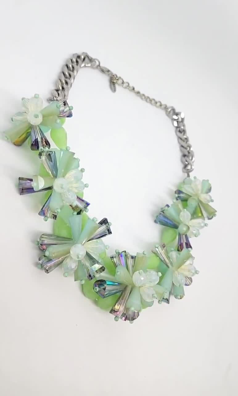 Zara Necklace Large Aurora Borealis and Green Crystal Silver Tone Chain Retro video poster