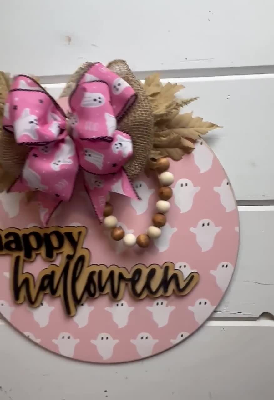 Cute Pink Ghost Wooden Halloween Door Sign With Bow - Farmhouse Style Porch & Wall Hanging Decor - View #9