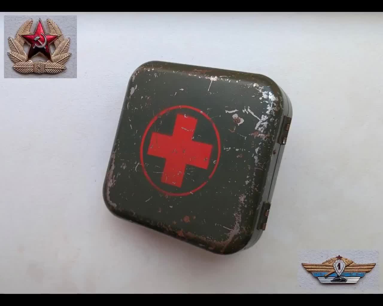 Soviet Russian Military Vintage 70s Metal Khaki First Aid Kit With