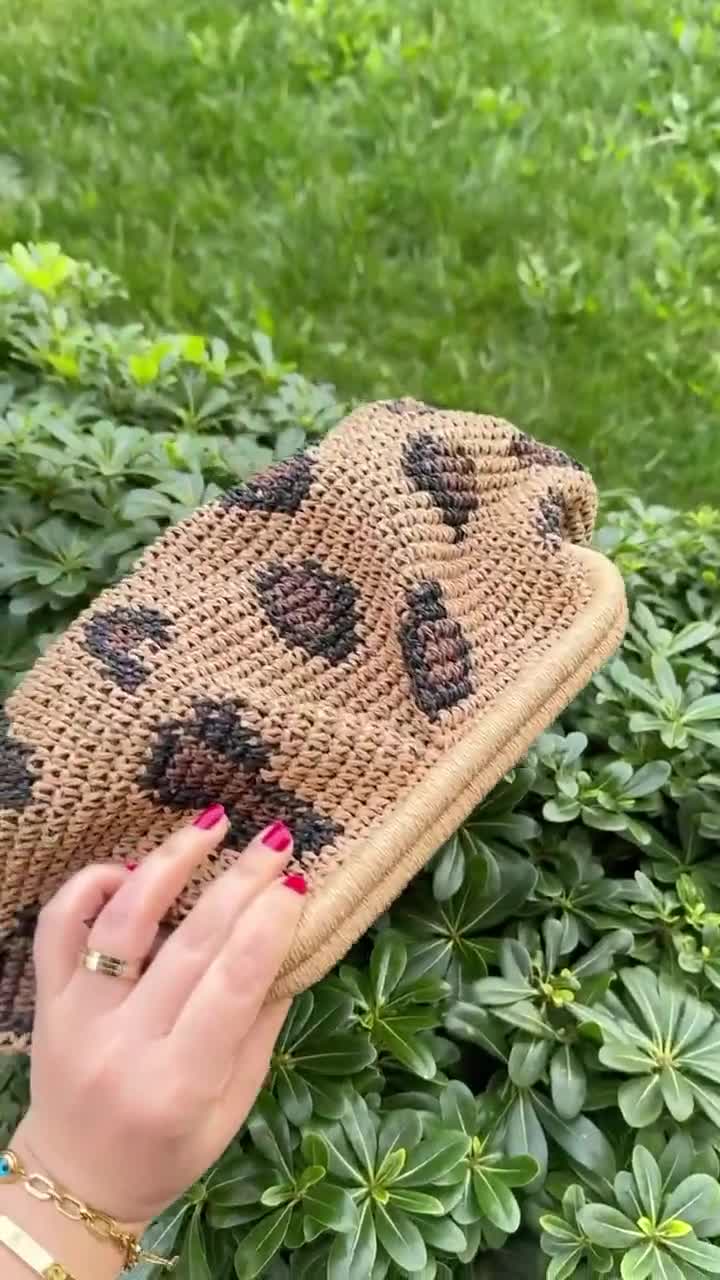 Leopard Print Crochet Raffia Beach Bag | Woven Straw Summer