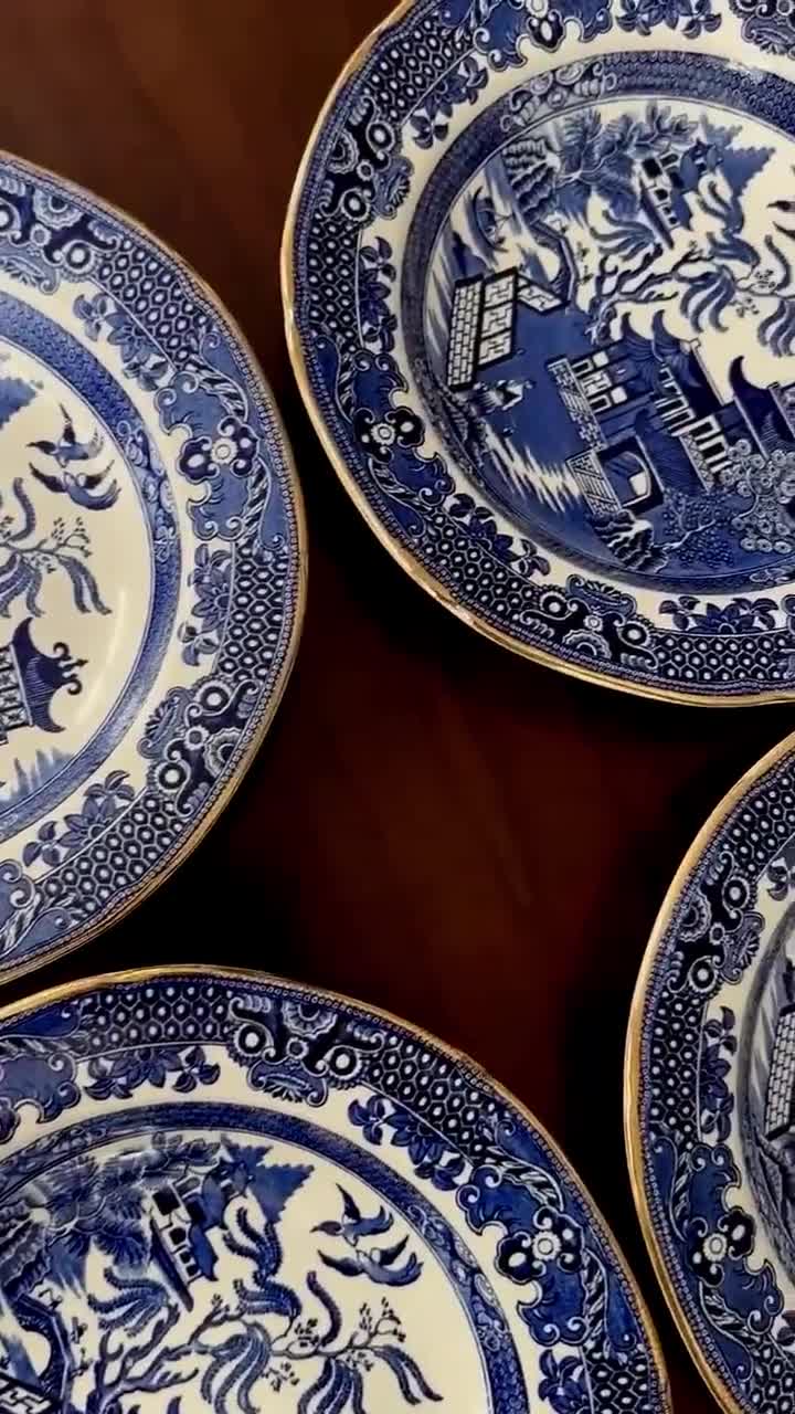 Set of 4 Blue Vintage Willow Burleigh Ware Rimmed Bowls for 115