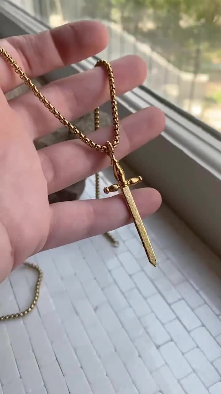 Large Sword Necklace in Gold or Rhodium on Venetian Chain in