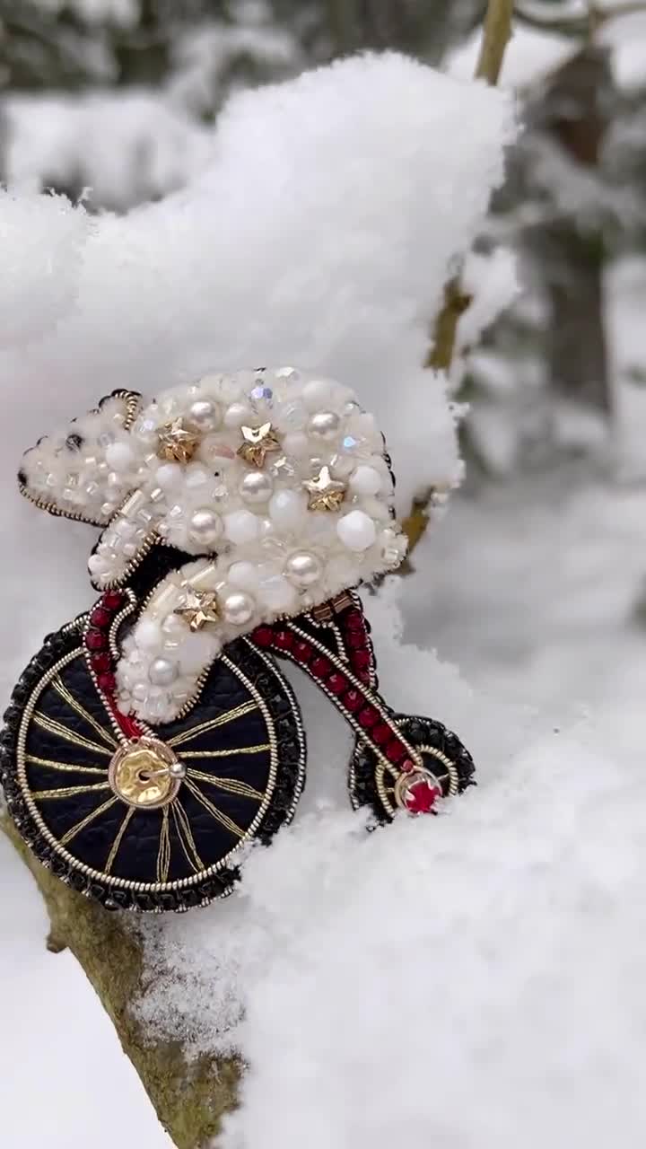 Bear on Bike Brooch, Bear Pin, Embroidered Bear, Beaded Brooch