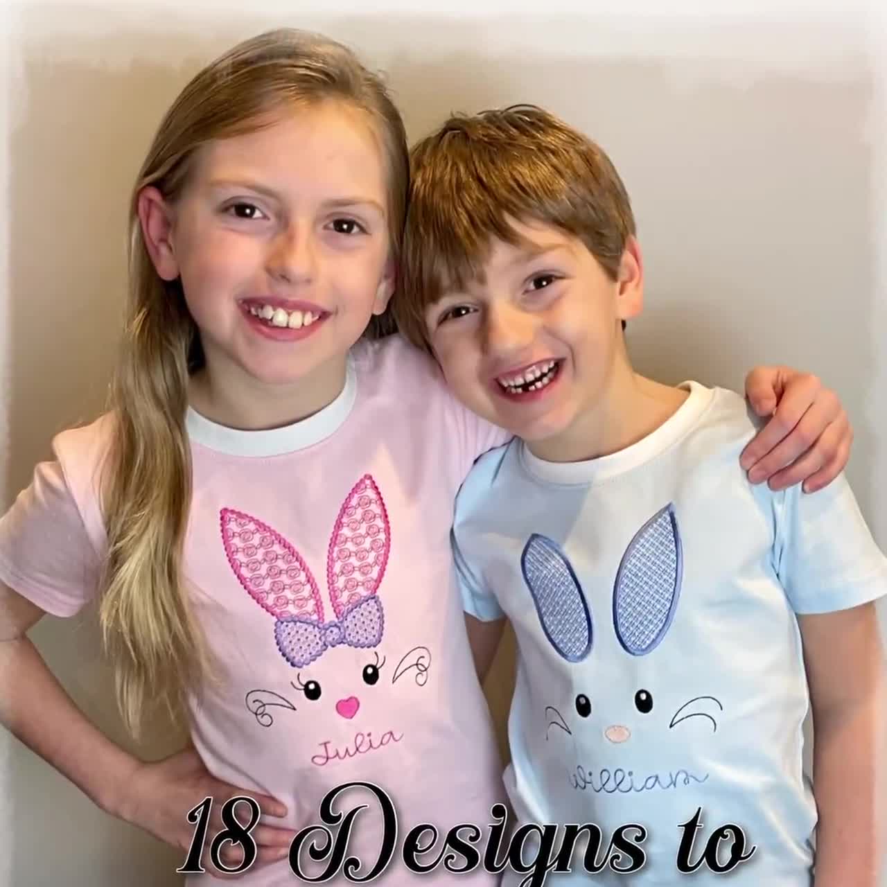 Monogram Easter Bunny Face Pajama PJ Match Sibling Spring Custom Pink Light Blue White Stripe Girl Boy Personalize Egg Chick Carrot Dino Dig video poster