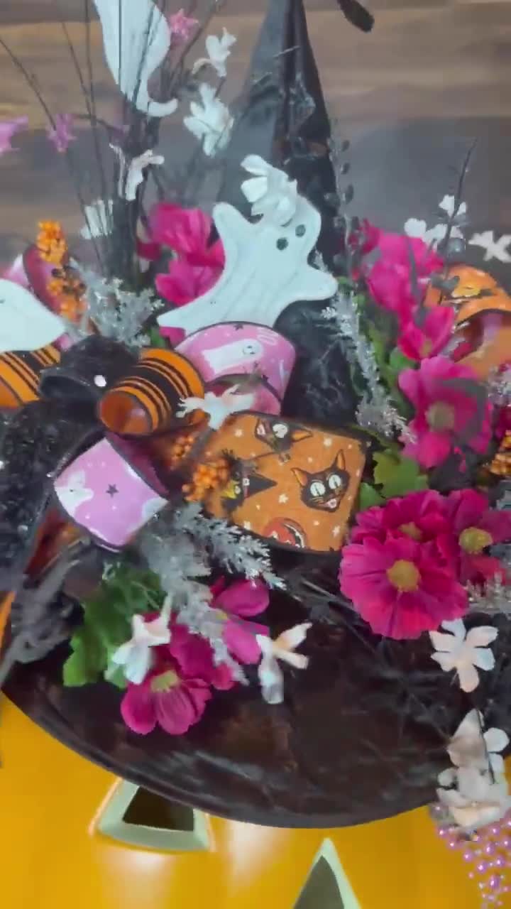 Centro de mesa XL Jack Skellington de Halloween, centro de mesa de Halloween con luces, decoración de sombrero de bruja, Jack o Lantern con luces video poster