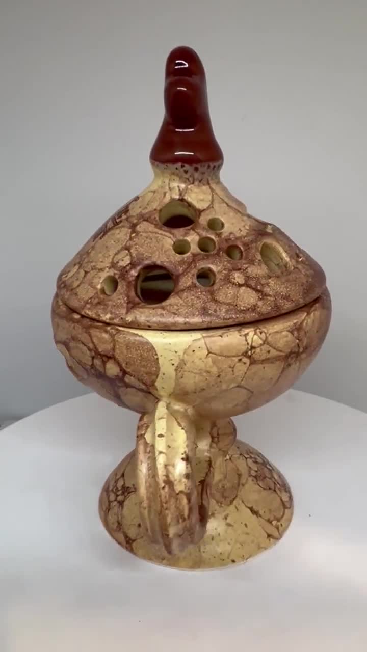 Handmade Ceramic Orthodox Censer: Beige Incense Burner With Cover