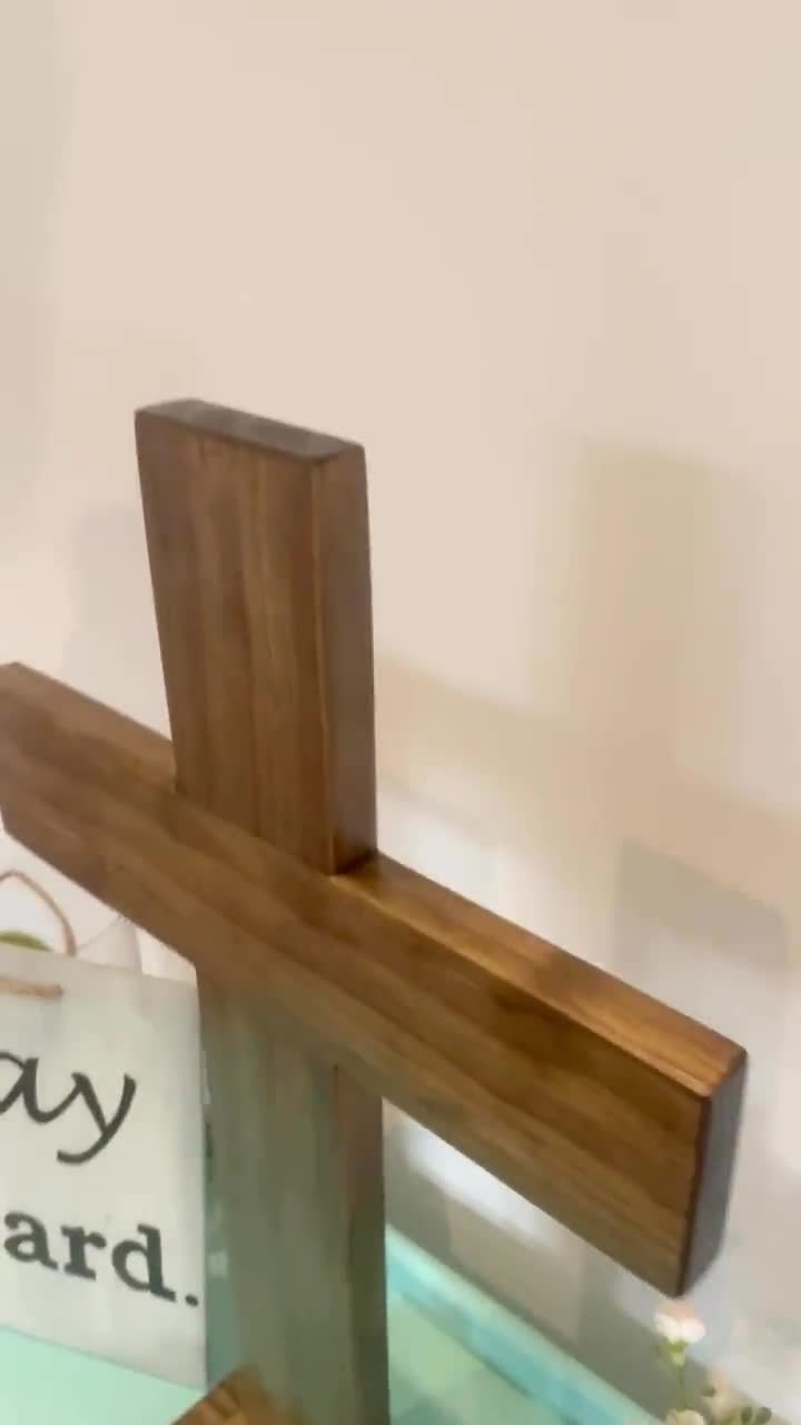 Stained Wooden Cross With Stand, Dark Walnut, Cross With Stand
