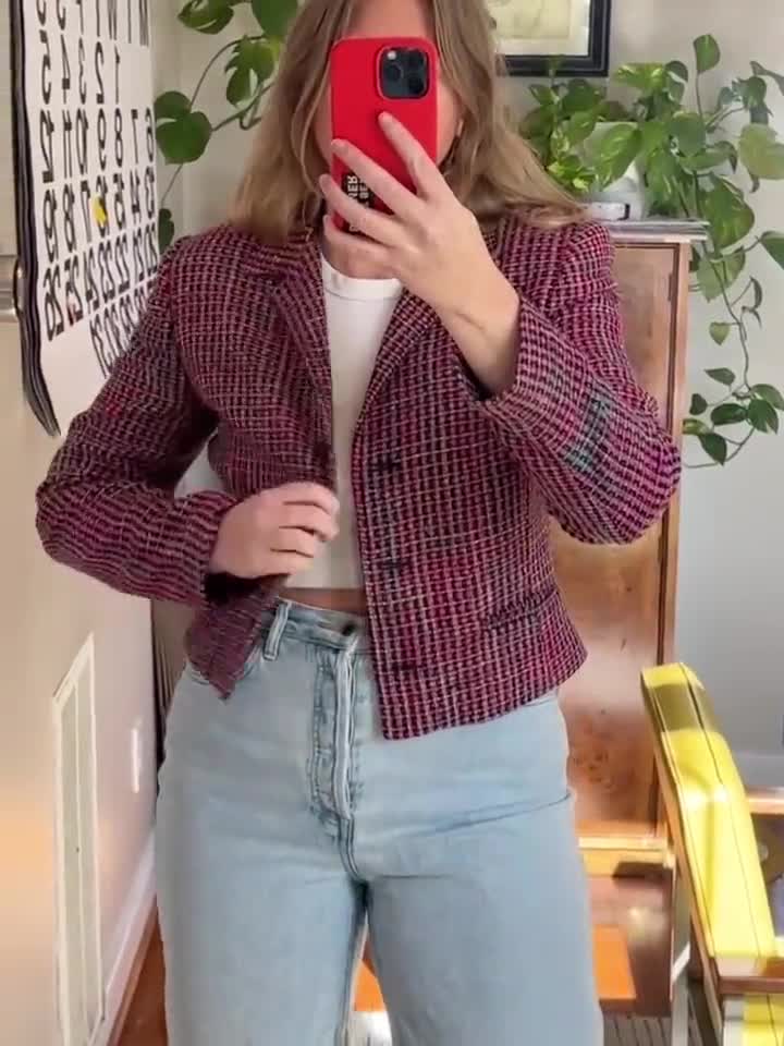 ヴィンテージ手織りシルククロップドジャケット：ピンクのチェック柄