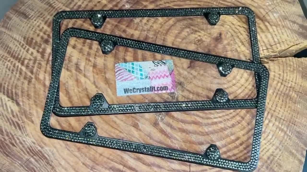 2 Rows Black Smokey Diamond 4 Holes License store Plate Frame Bedazzle Holder Made W/ Swarovski Crystals W/ Bolt Caps