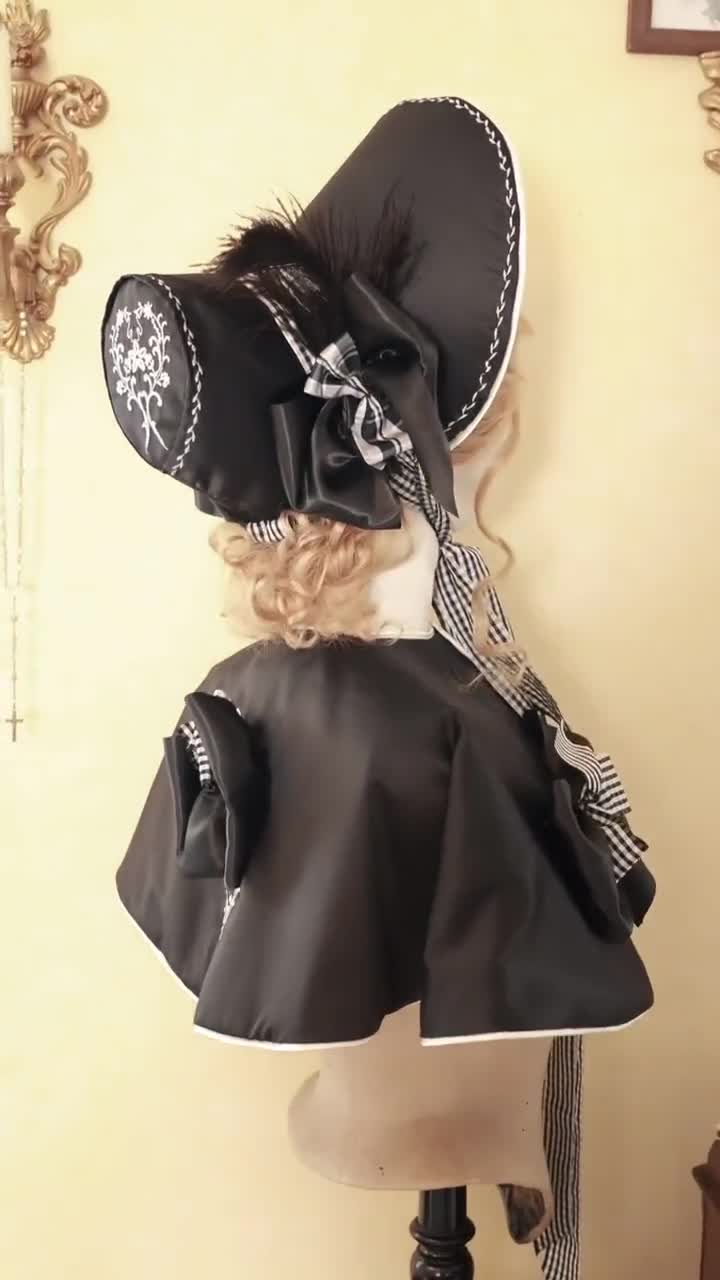 Poke Bonnet Hat Romantic Era Post Regency Black Satin Vichy