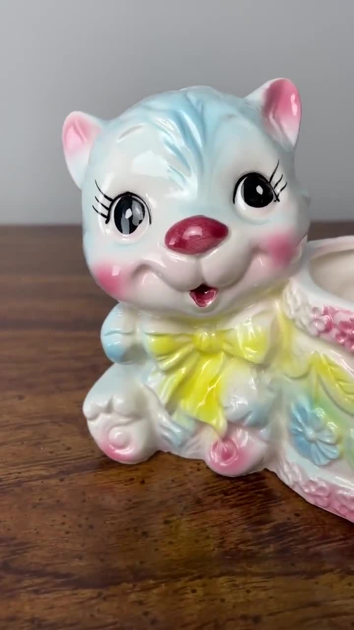 Vintage Ceramic Kitschy Anthropomorphic Kitten Planter | Pastel
