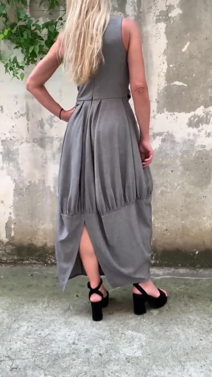Handmade Italian Cotton Blend Balloon Dress: Sleeveless Maxi