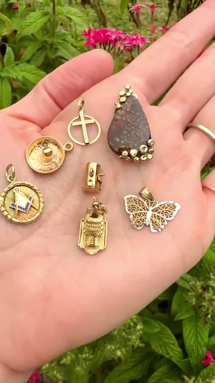 14kt CHARMS Vintage Diamond Cut Two Tone Butterfly Charm, Cross In Circle, Masonic Pendant, Asian Pagoda, Sombrero Charm, Fire Agate Pendant video poster