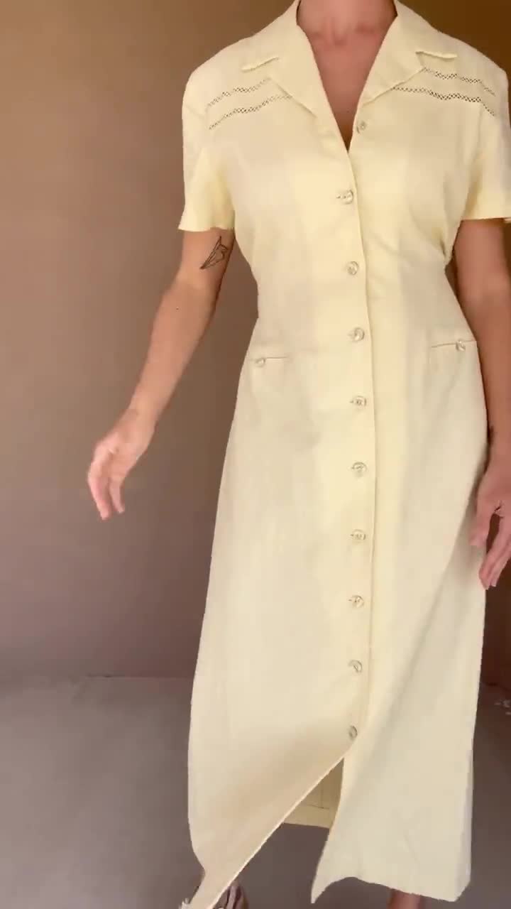 90s Butter Yellow Linen Midi Dress, Tie Back, Shoulder Cutouts (size  medium, large)
